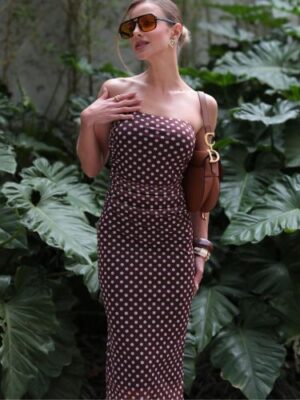 Dress tule tomara que caia<span> - </span>poa marrom